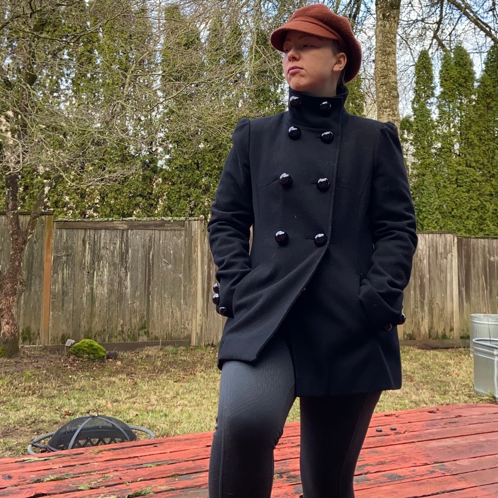 Black wool military peacoat